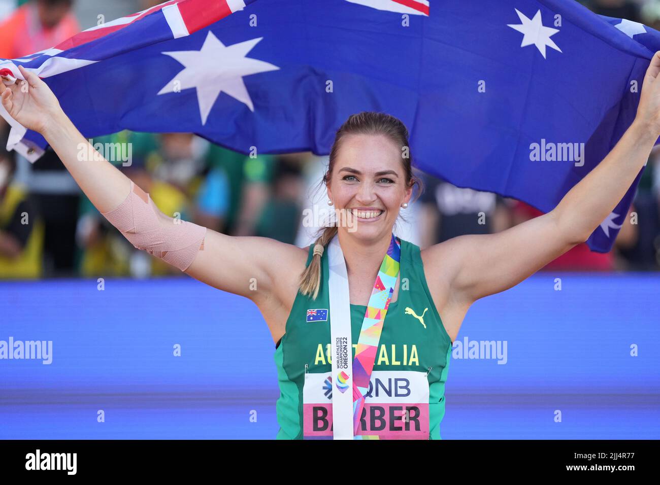 Eugene, USA. 22nd July, 2022. Kelsey-Lee Barber of Australia celebrates after the women's javelin throw final at the World Athletics Championships Oregon22 in Eugene, Oregon, the United States, July 22, 2022. Credit: Wu Xiaoling/Xinhua/Alamy Live News Stock Photo