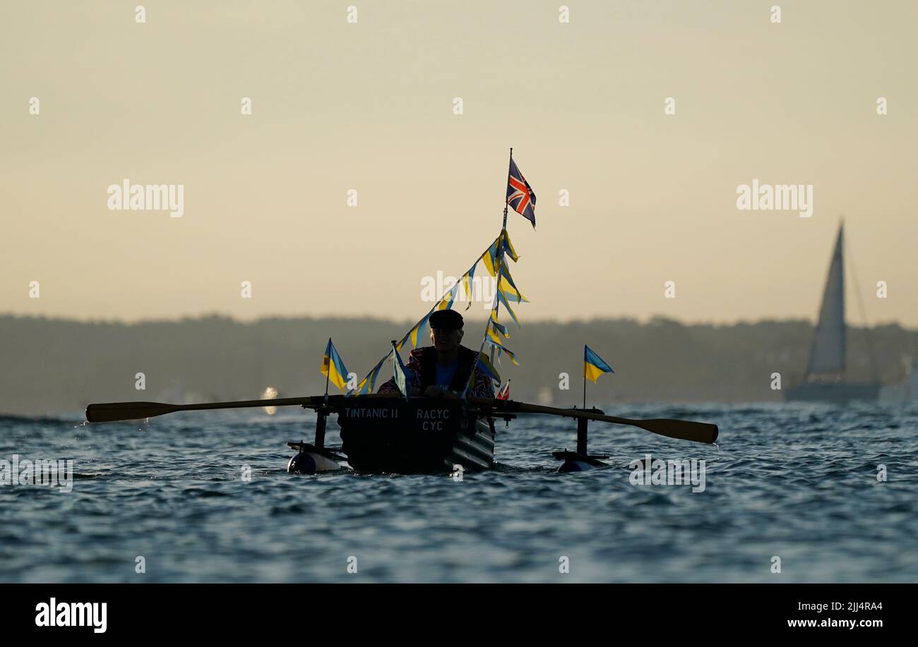 Michael Stanley, known as 'Major Mick', rows in his boat Tintanic II ...