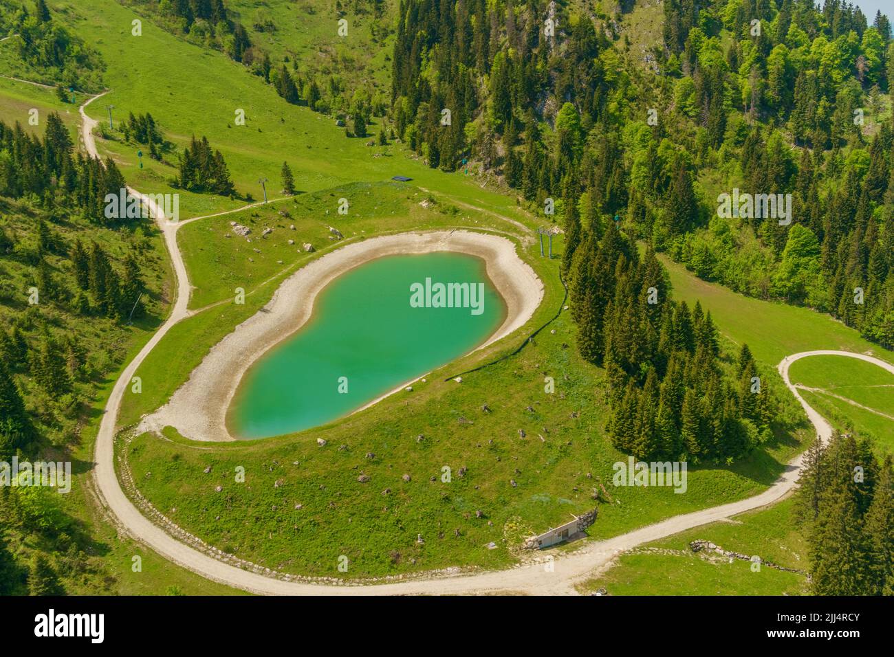 Beautiful alpine summer view with a lake at the famous Brauneck summit near Lenggries, Bavaria, Germany Stock Photo