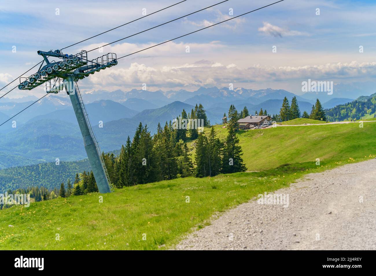 A view to the Bavarian mountains with a pylon of the cableway, ropeway pylon Stock Photo