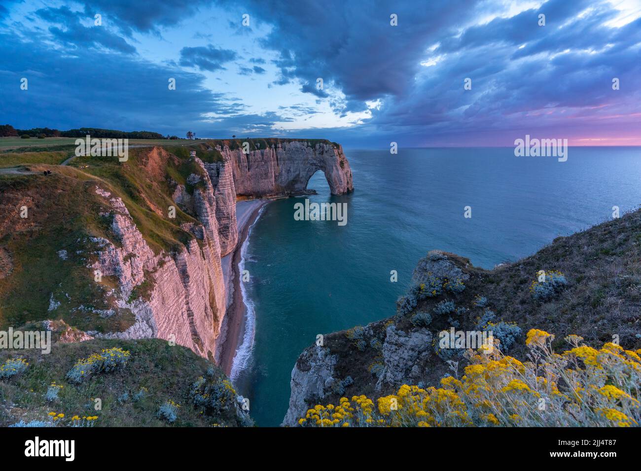 Sunset over the beautiful Normandy cliffs of Etretat Stock Photo