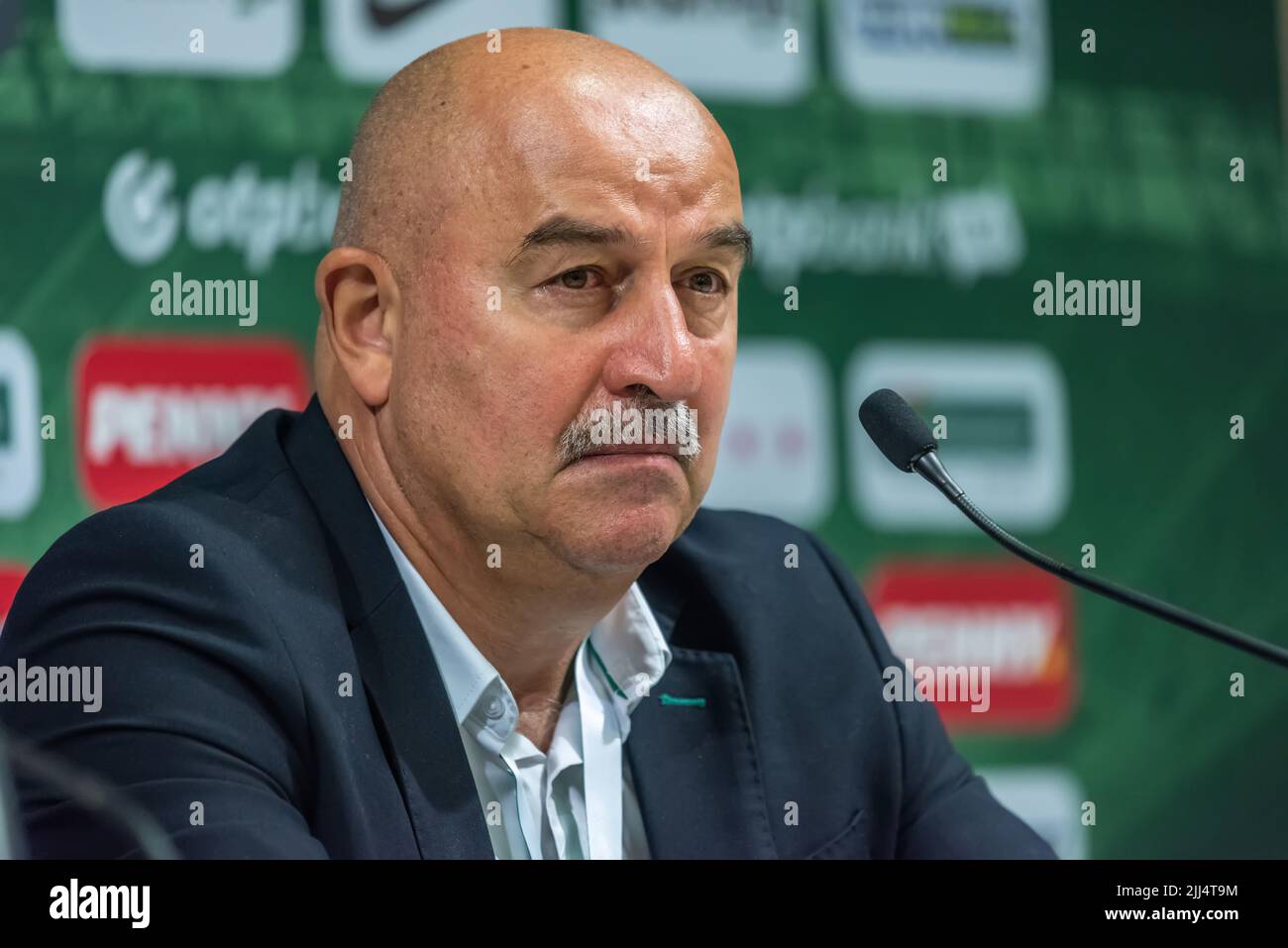 Budapest, Hungary – July 12, 2022. Ferencvaros coach Stanislav Cherchesov at a press conference after UEFA Champions League qualification match Ferenc Stock Photo