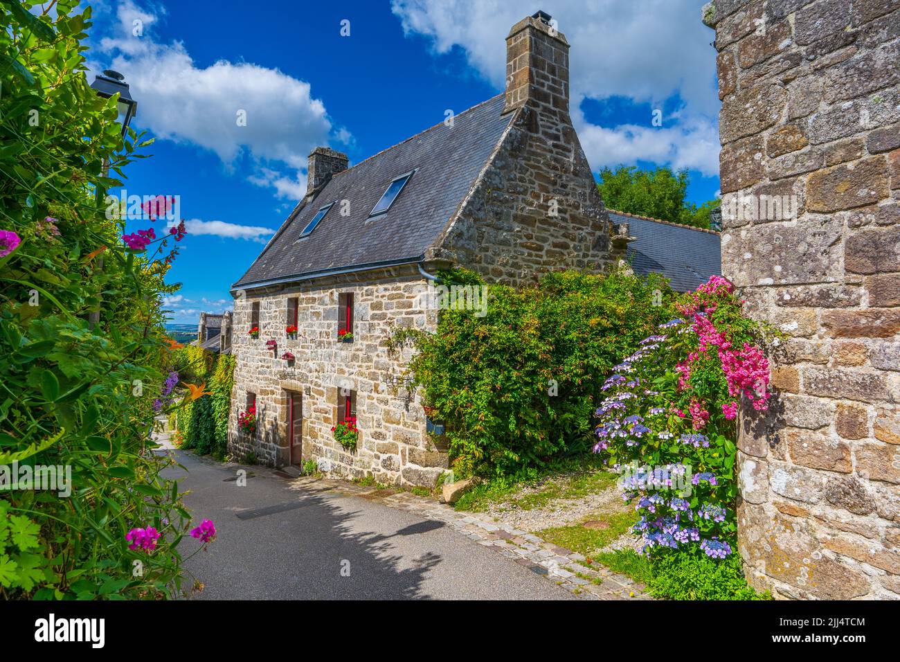Typical stone houses in the Breton village of Locronan (France Stock