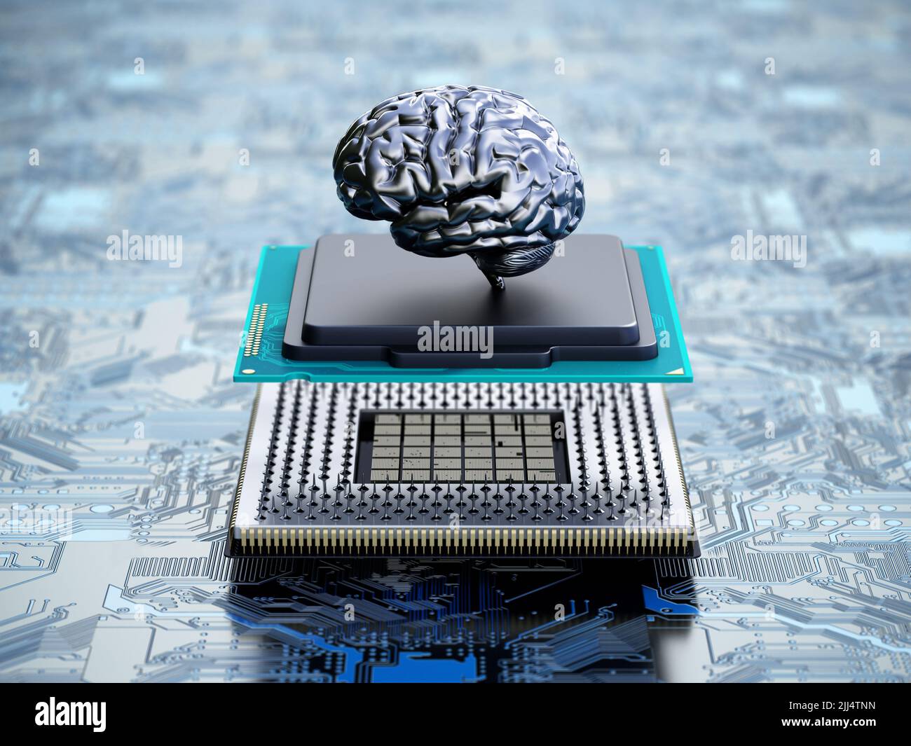 Chrome brain on the CPU installed on the mainboard. 3D illustration