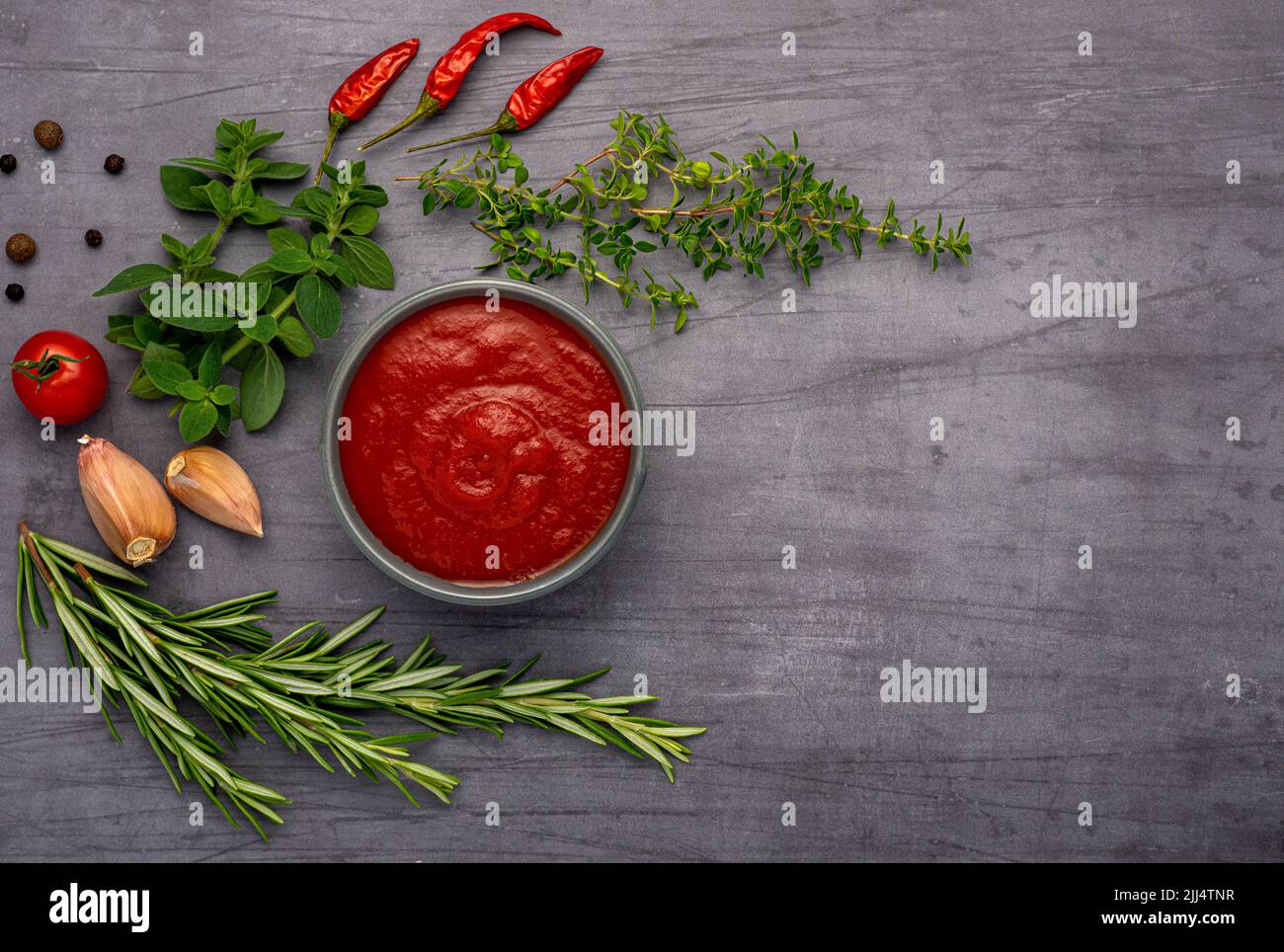 Food photography of passata, tomato sauce, ketchup, herbs Stock Photo Alamy