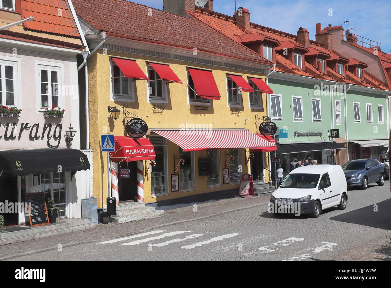 Granna, Sweden - June 13, 2022: View of the Brahegatan street in Granna city center. Stock Photo