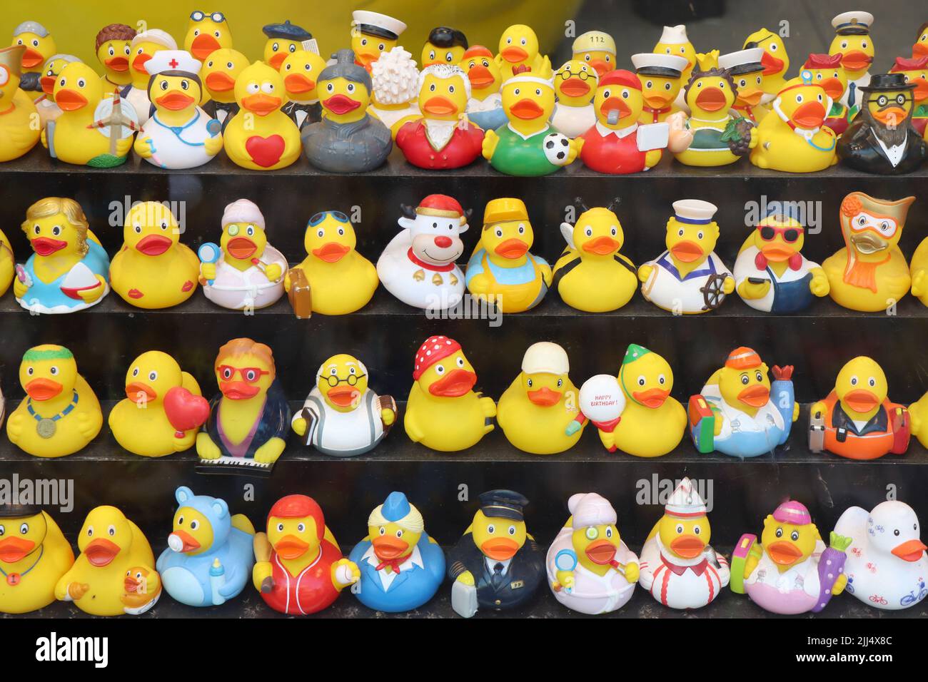 Amsterdam, Netherlands - June 23, 2022: Amsterdam duck store. Variety of funny rubber ducks such as as a souvenir in Amsterdam. Stock Photo