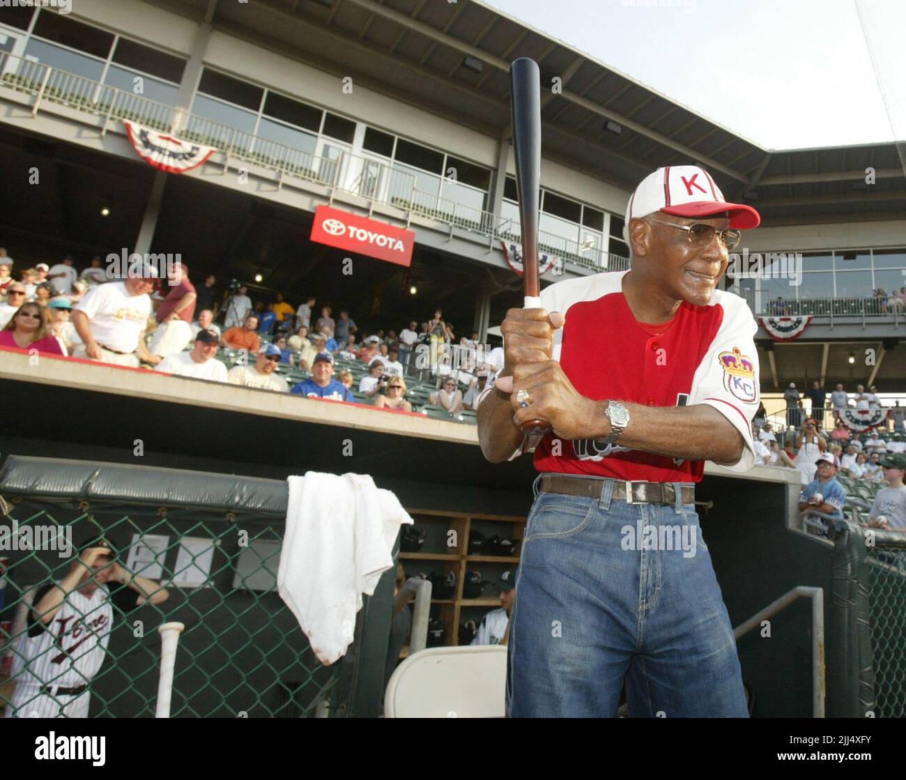 Kansas City, USA. 18th July, 2006. In this file photo, Buck O'Neil, at 94, prepares for his turn at bat during the Northern League All-Star Game on July 18, 2006, in Kansas City, Mo. (Photo by Mike Ransdell/The Kansas City Star/TNS/Sipa USA) Credit: Sipa USA/Alamy Live News Stock Photo