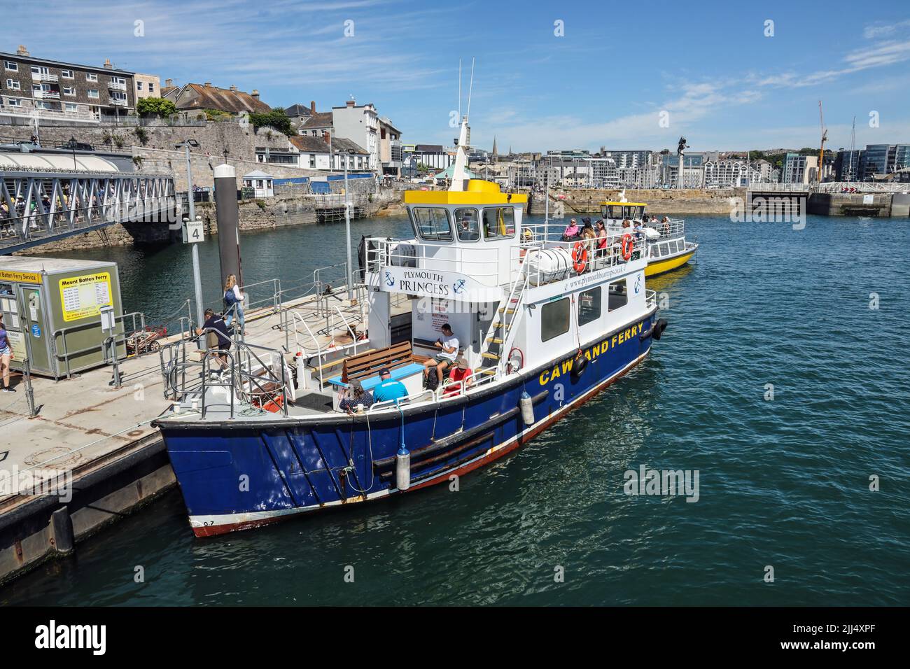 The Plymouth Princess, Cawsand Ferry berthed at the Barbican Pontoon, Plymouth. During the summer months the Cawsand Ferry makes regular trips from Pl Stock Photo