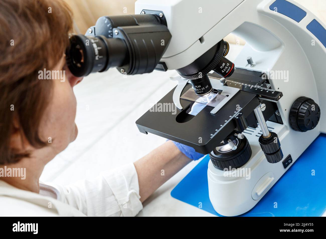 Examining Microscope Laboratory worker examining sample in a microscope in a medical ...