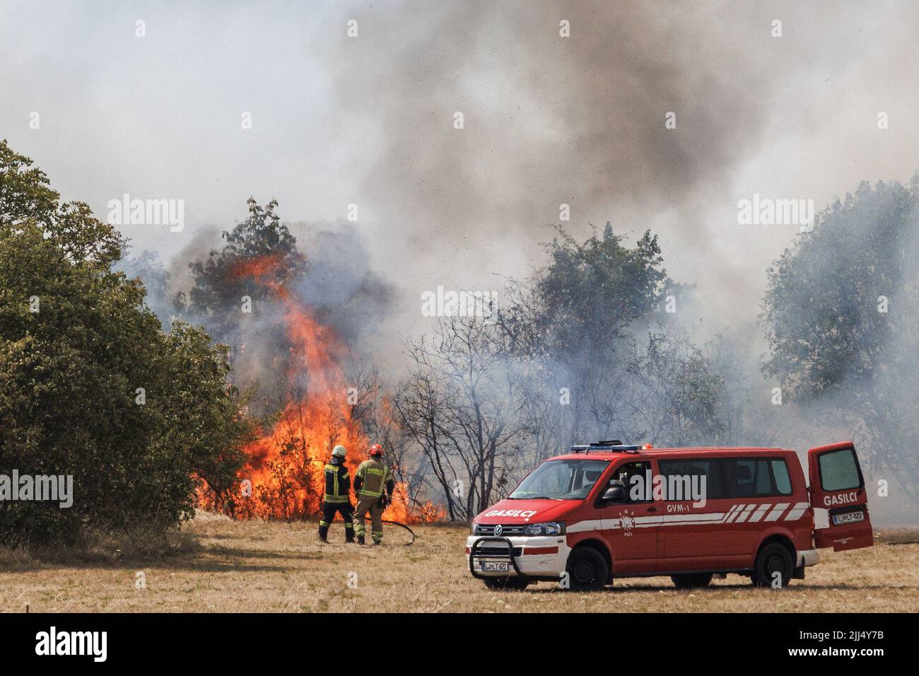 Karst, Slovenia. 22nd July, 2022. Firemen battle a large wildfire that ...