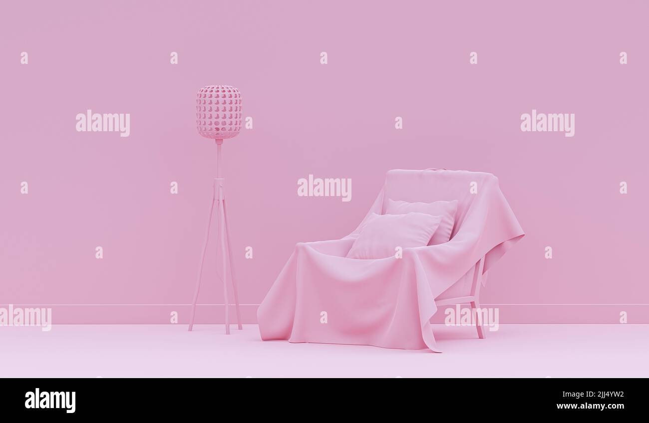 Interior of the room in plain monochrome light pink color with cover sofa and room accessories. Light background with copy space. 3D rendering for web Stock Photo