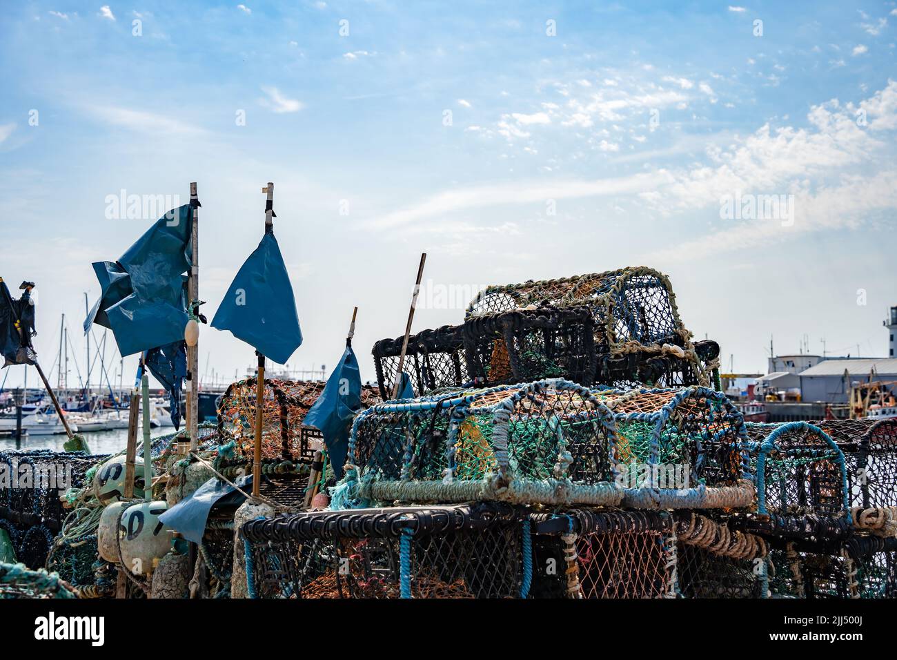 SCARBOROUGH,  NORTH YORKSHIRE, UK - JULY 18: Lobster pots in the harbour in Scarborough, North Yorkshire on July 18, 2022 Stock Photo
