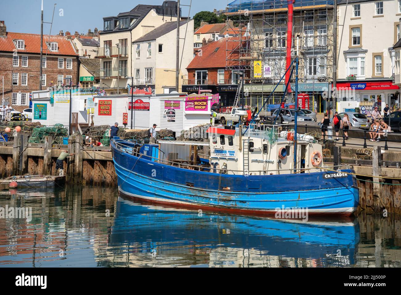 SCARBOROUGH,  NORTH YORKSHIRE, UK - JULY 18: View of the seafront in Scarborough, North Yorkshire on July 18, 2022. Unidentified people Stock Photo