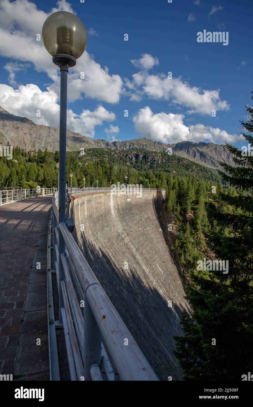 The amazingly beautiful dam and the lake of Campo Moro, Lanzada, SO, Valtellina, Italy, Europe Stock Photo