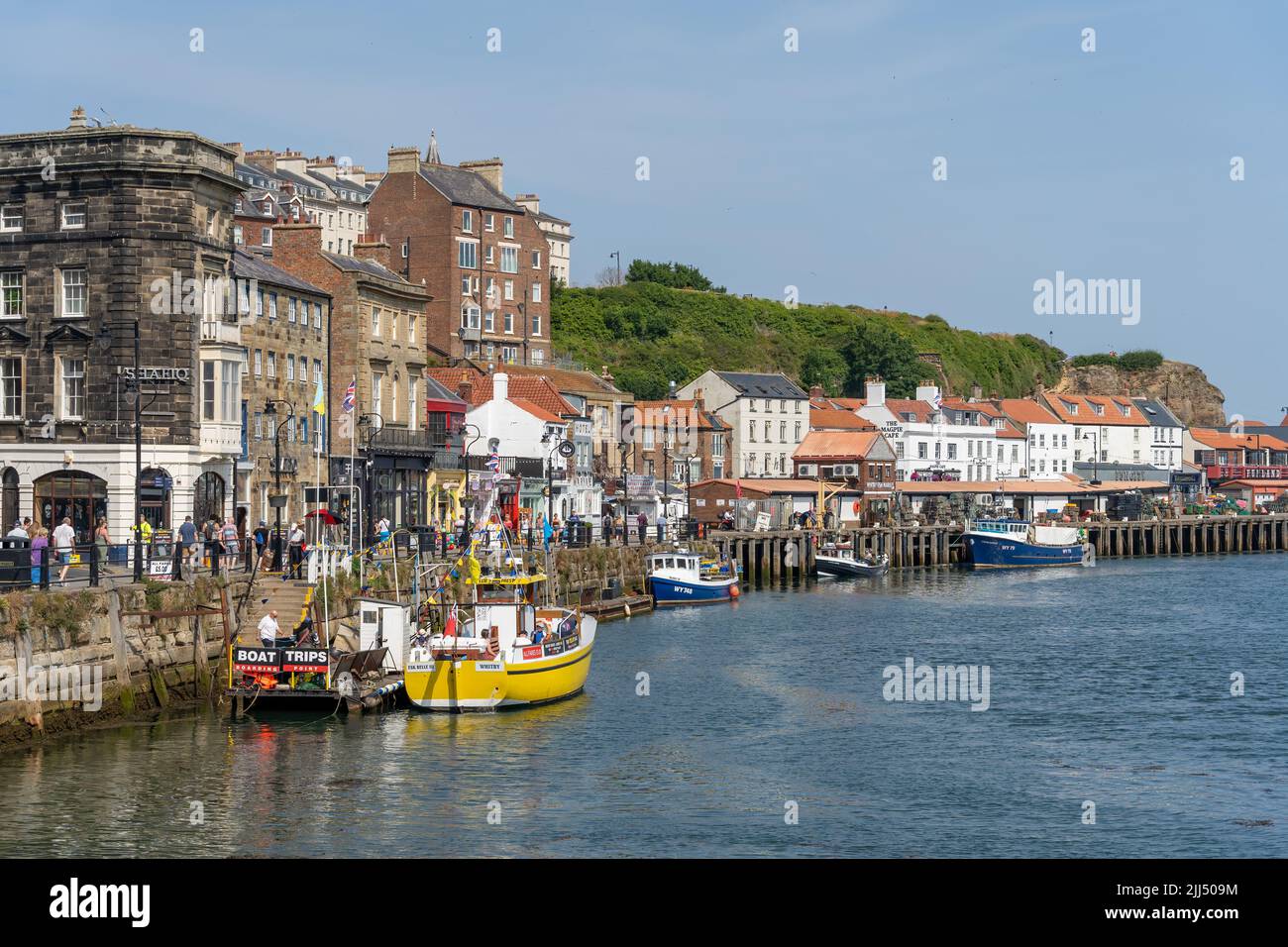 WHITBY,  NORTH YORKSHIRE, UK - JULY 19: View of the sea front in Whitby, North Yorkshire on July 19, 2022. Unidentified people Stock Photo