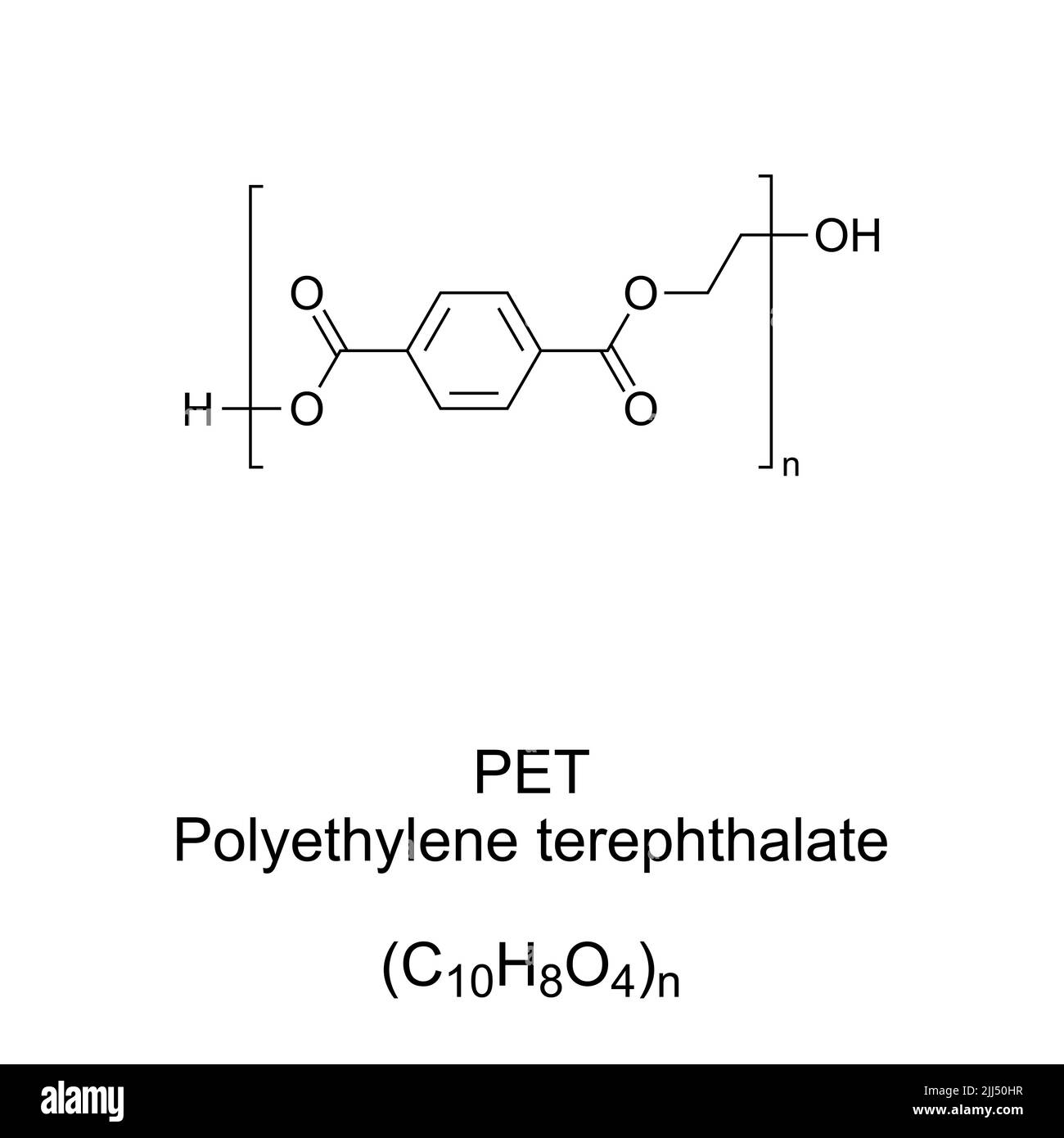 PET, Polyethylene terephthalate, chemical formula and structure. The most common thermoplastic polymer resin of the polyester family. Stock Photo