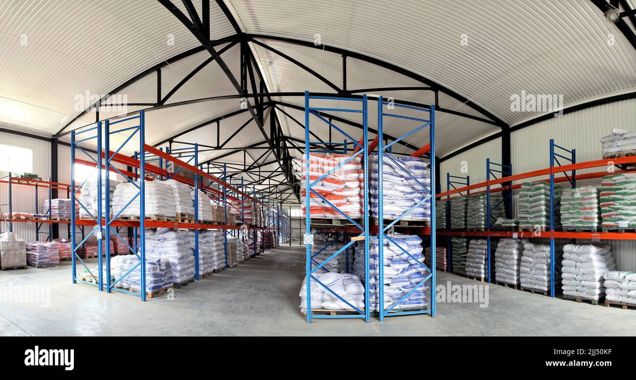 Large warehouses of sacks of animal feed. Veterinary production. Animal