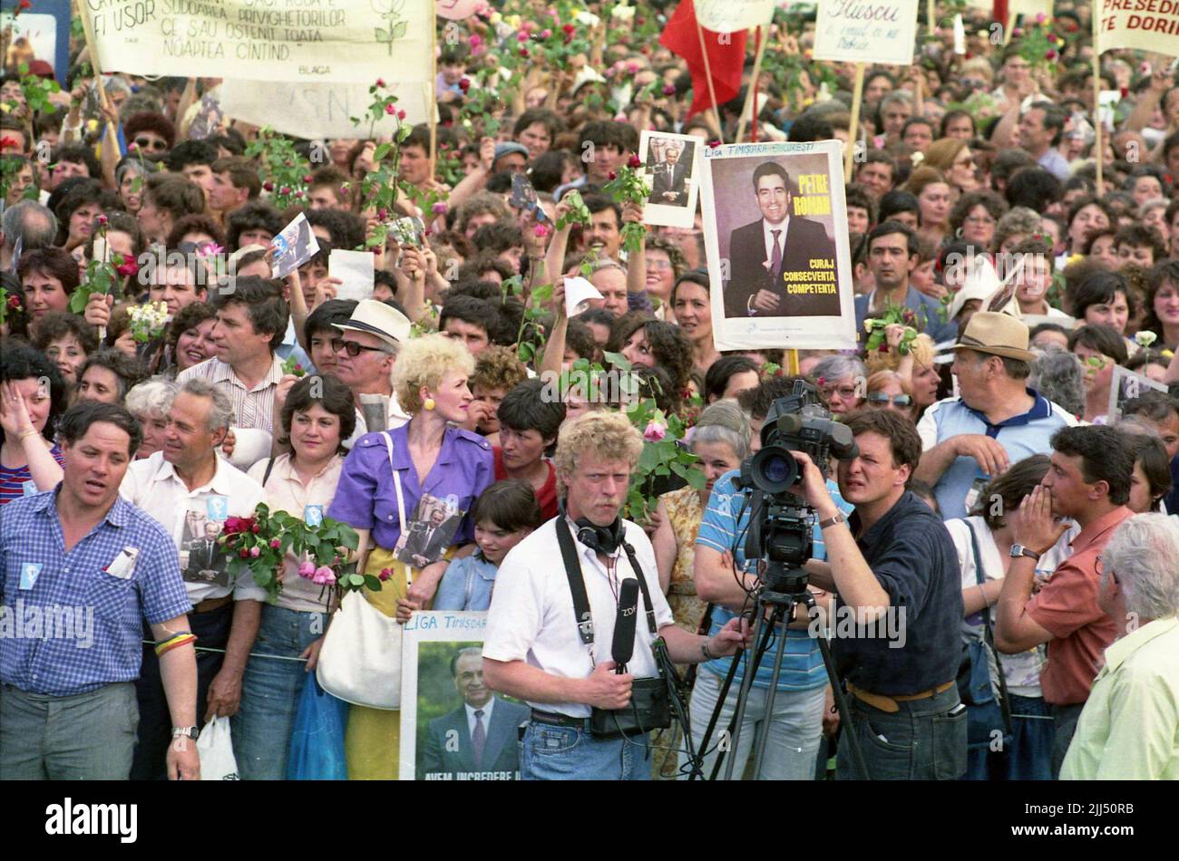 Bucharest, Romania, May 1990. Crowd attending a political rally