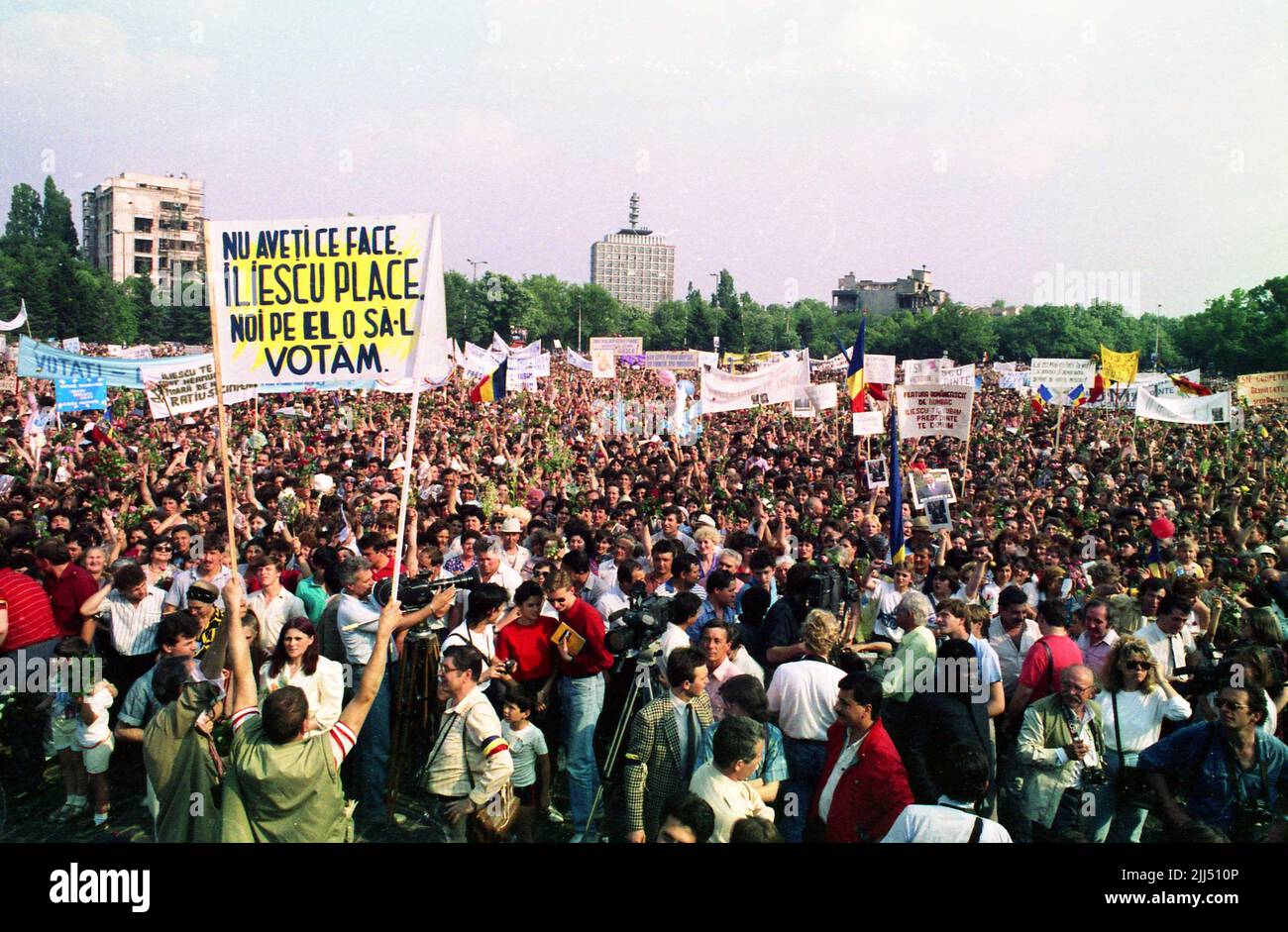 Bucharest, Romania, May 1990. Crowd attending a political rally