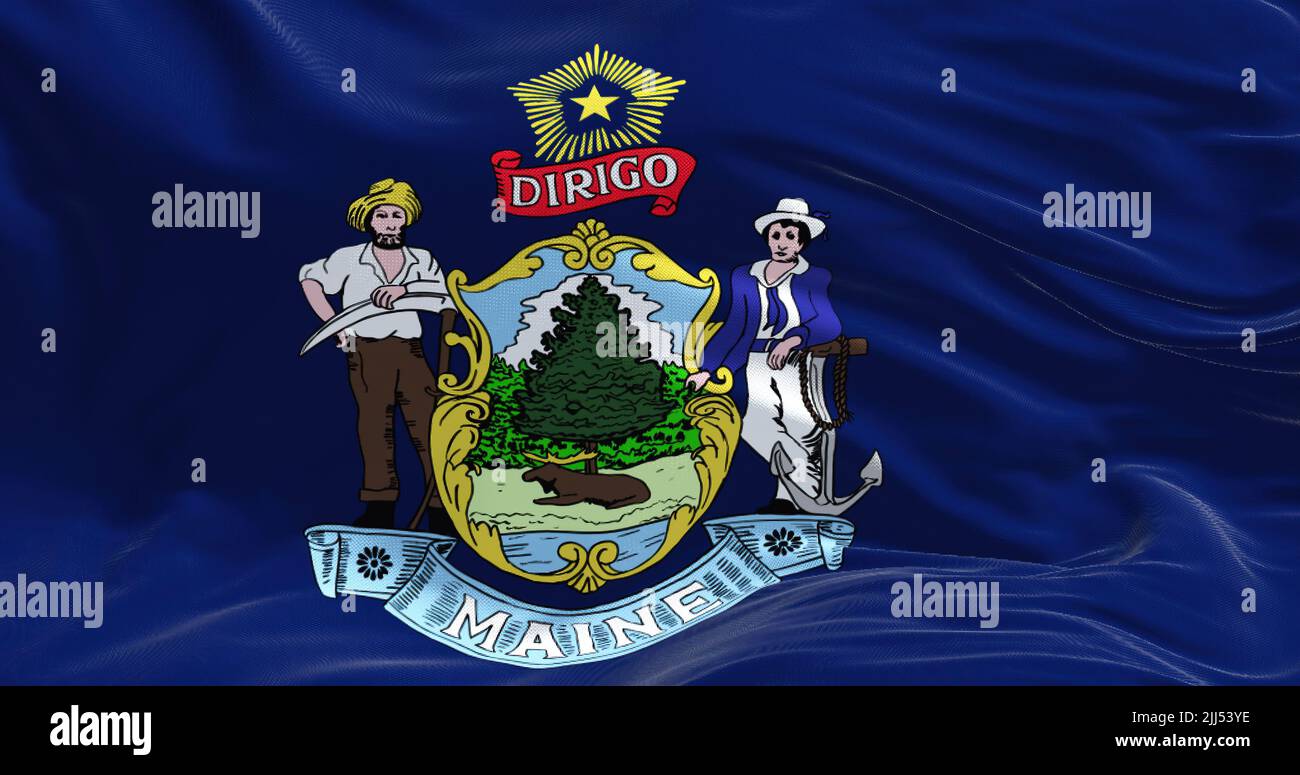 The US state flag of Maine waving in the wind. Maine is a state in the New England region of the United States. Democracy and independence. Stock Photo