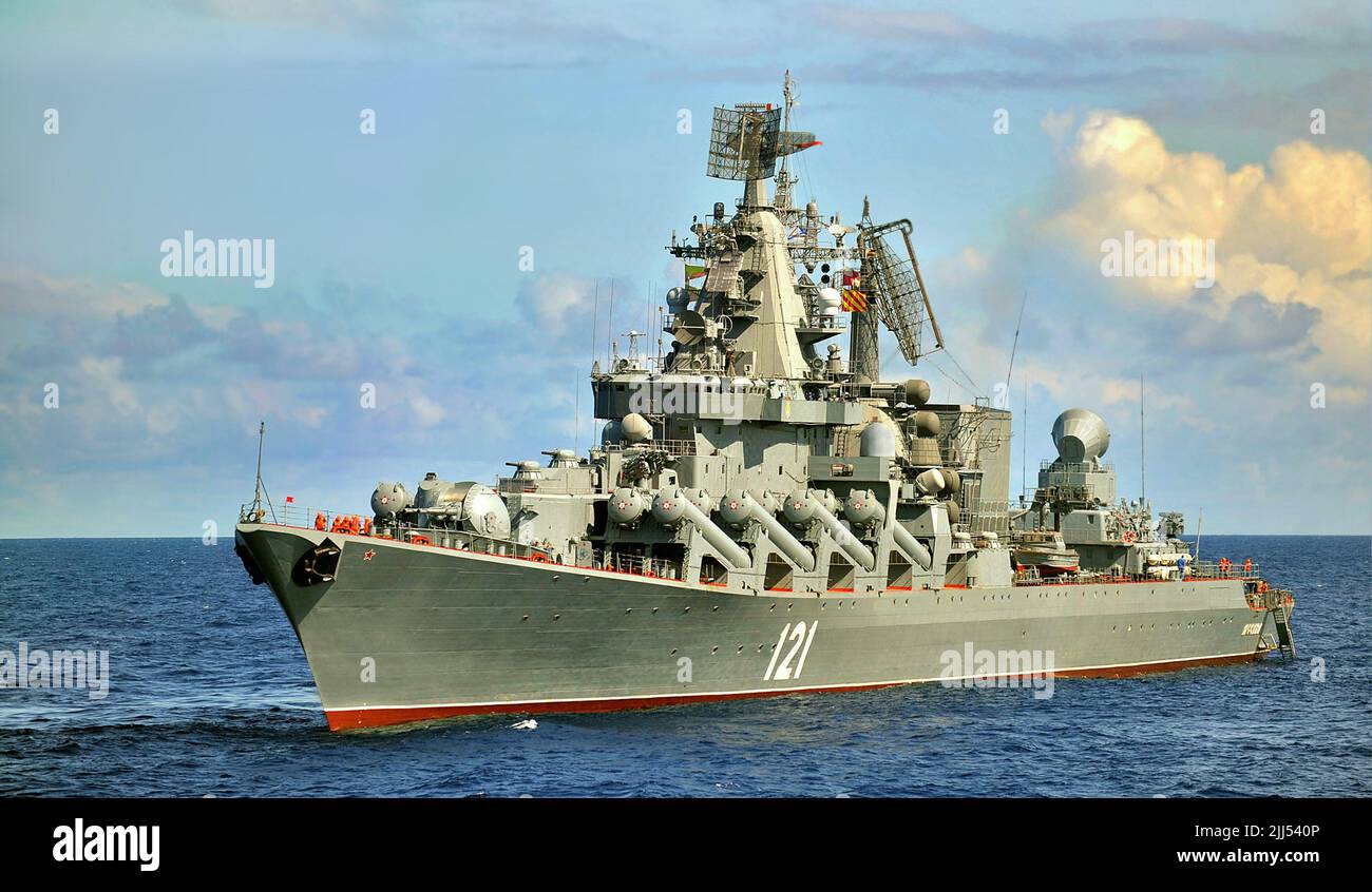 SEVASTOPOL, RUSSIA July 29, 2021 Cruiser Moskva a lead ship Atlant