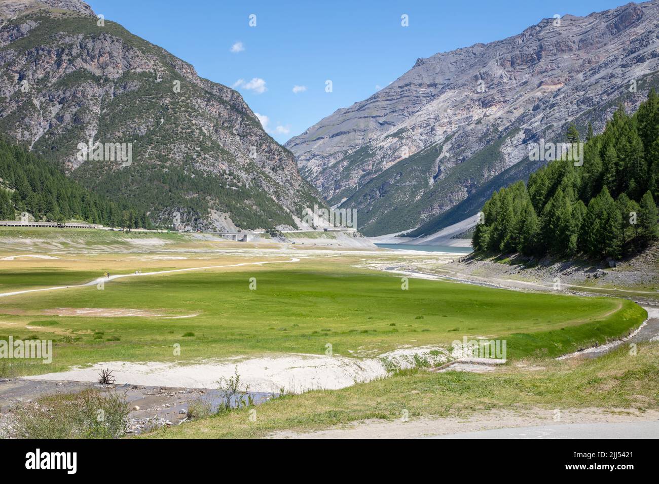 a wonderful panorama wide angle shot of Lake Gallo, Livigno, SO, Valtellina, Italy Stock Photo