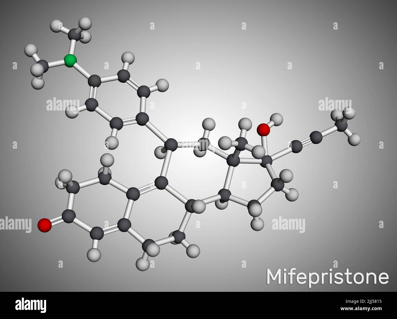 Mifepristone, molecule. It is progestational, glucocorticoid hormone antagonist, emergency contraceptive agent. Molecular model. 3D rendering. Illustr Stock Photo