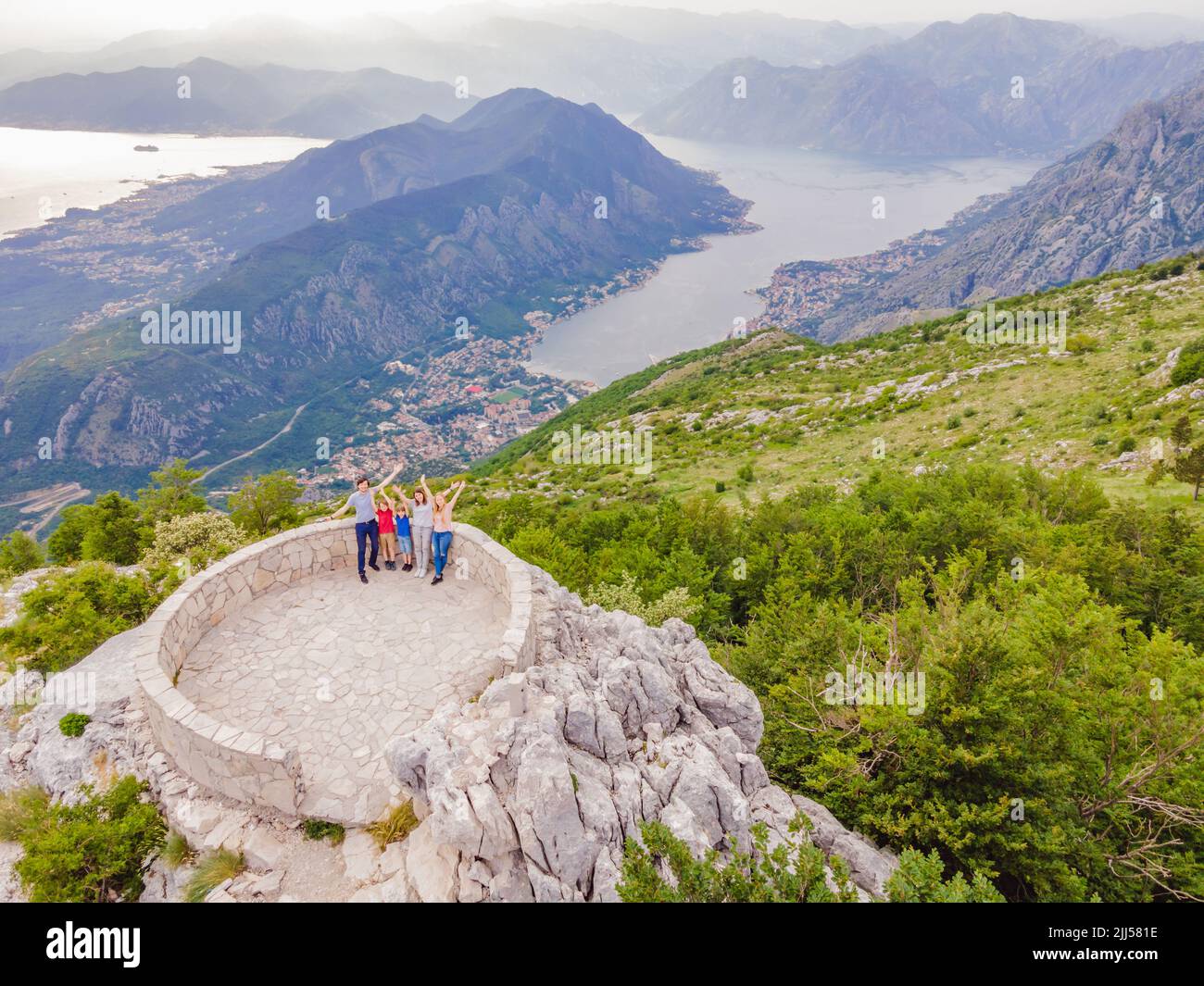 happy friends enjoys the view of Kotor. Montenegro. Bay of Kotor, Gulf