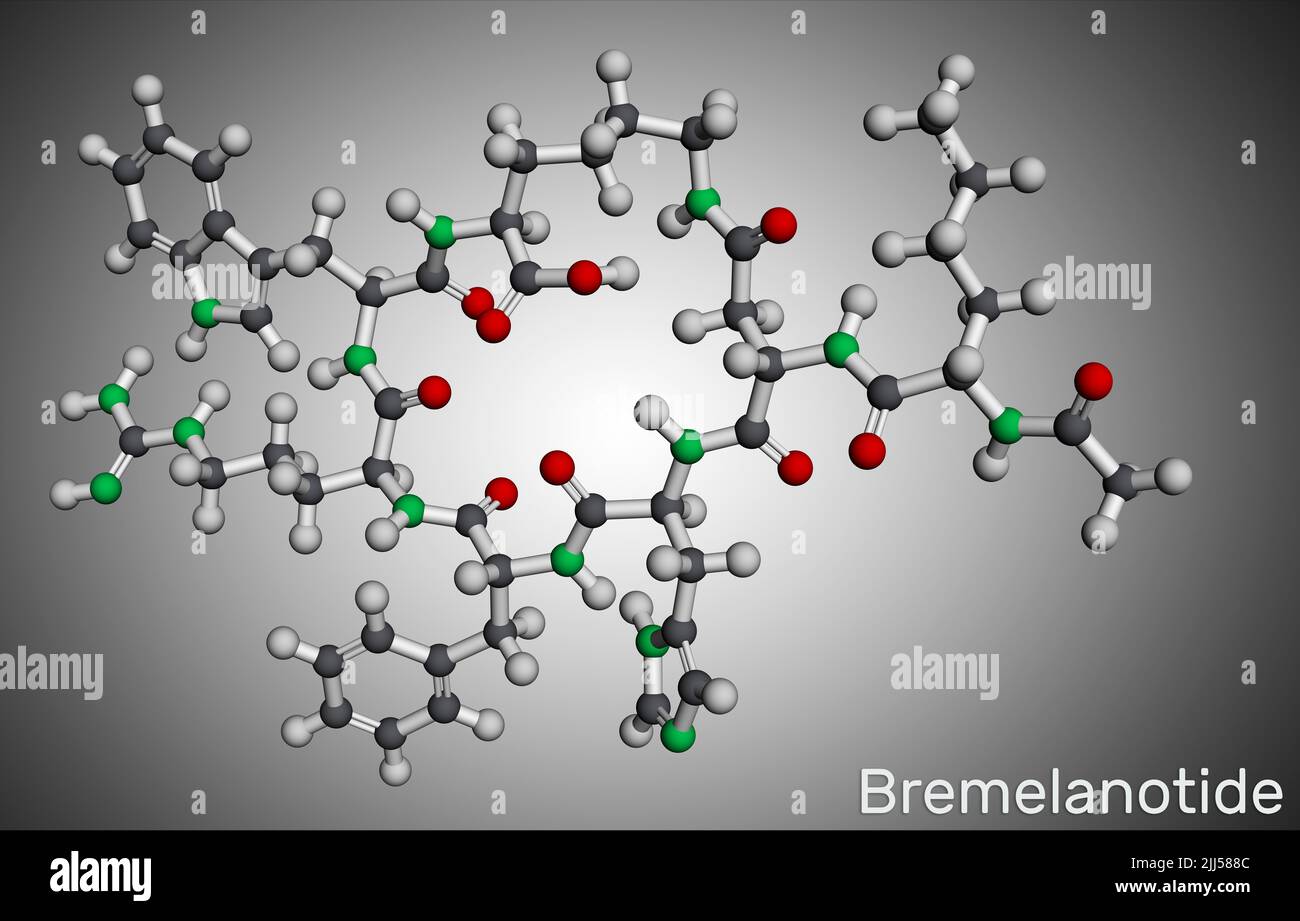 Bremelanotide molecule. It is 7 amino acid peptide used to treat hypoactive sexual desire disorder in women. Molecular model. 3D rendering Stock Photo