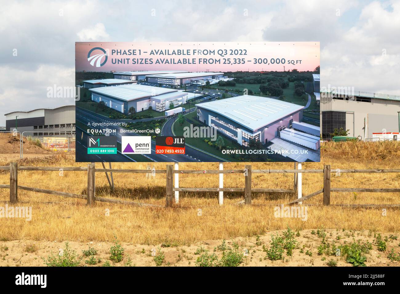 Estate agent billboard advertising sign for commercial property development, Orwell Logistics park for Felixstowe, Ipswich, Suffolk, England, UK July 2022 Stock Photo