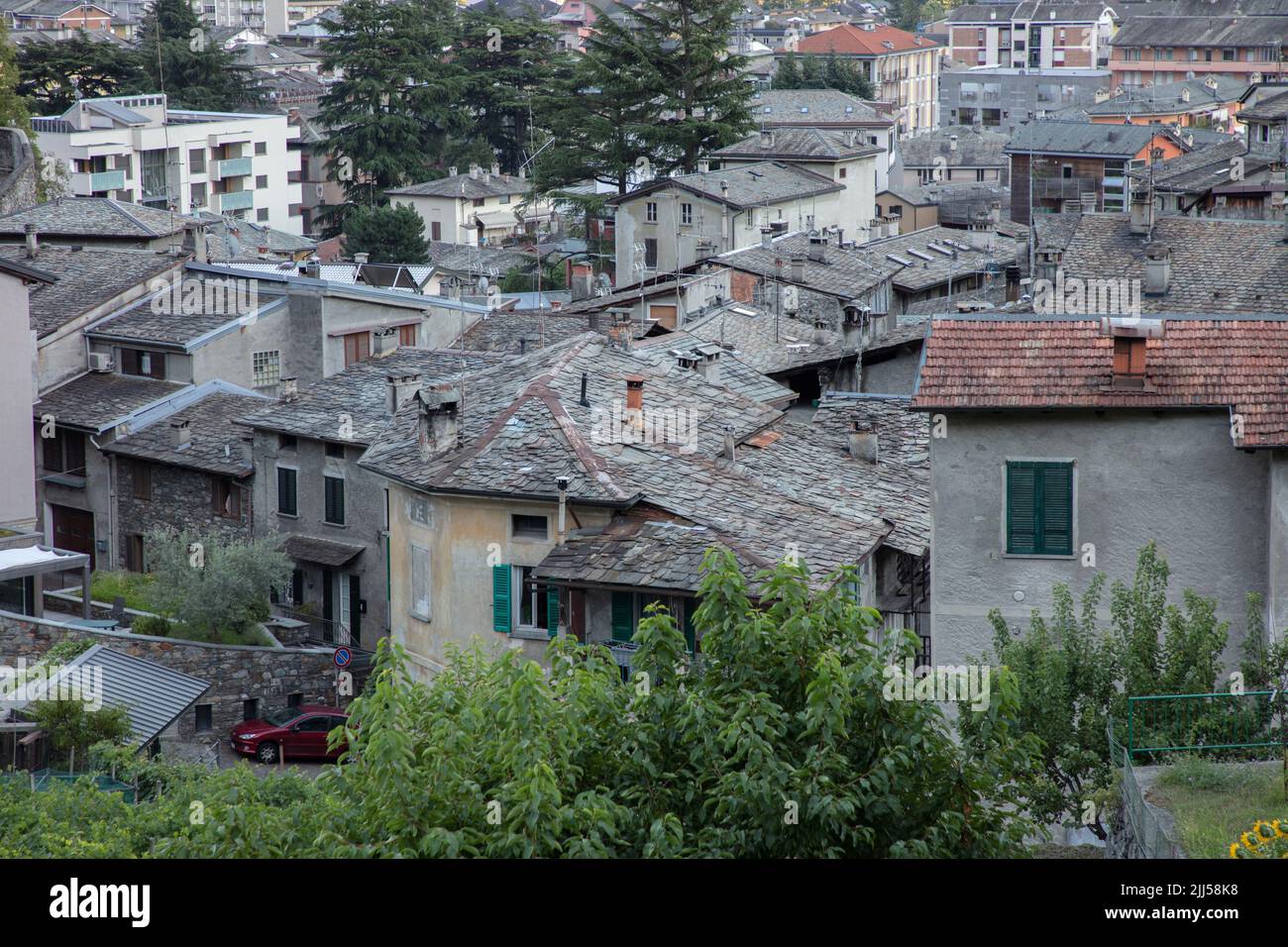 a beautiful view of Sondrio's rooftops, from the Castle of Masegra, Sondrio, SO, Valtellina, Italy Stock Photo