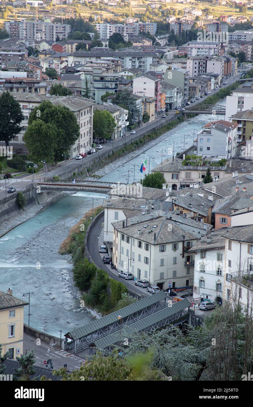 a beautiful view of Sondrio and the river Adda, from the Castle of Masegra, Sondrio, SO, Valtellina, Italy Stock Photo