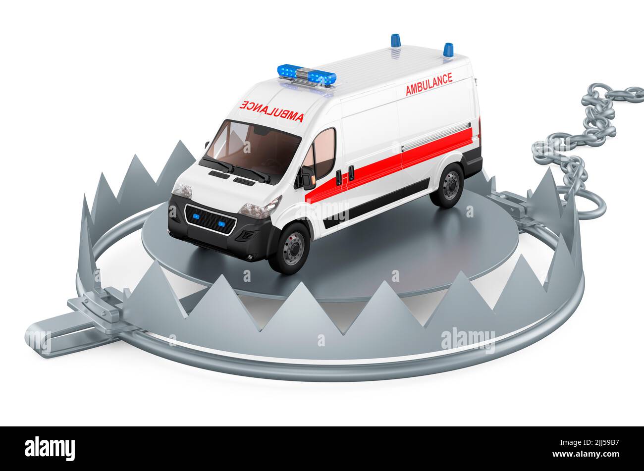 Bear trap with ambulance van. 3D rendering isolated on white background Stock Photo