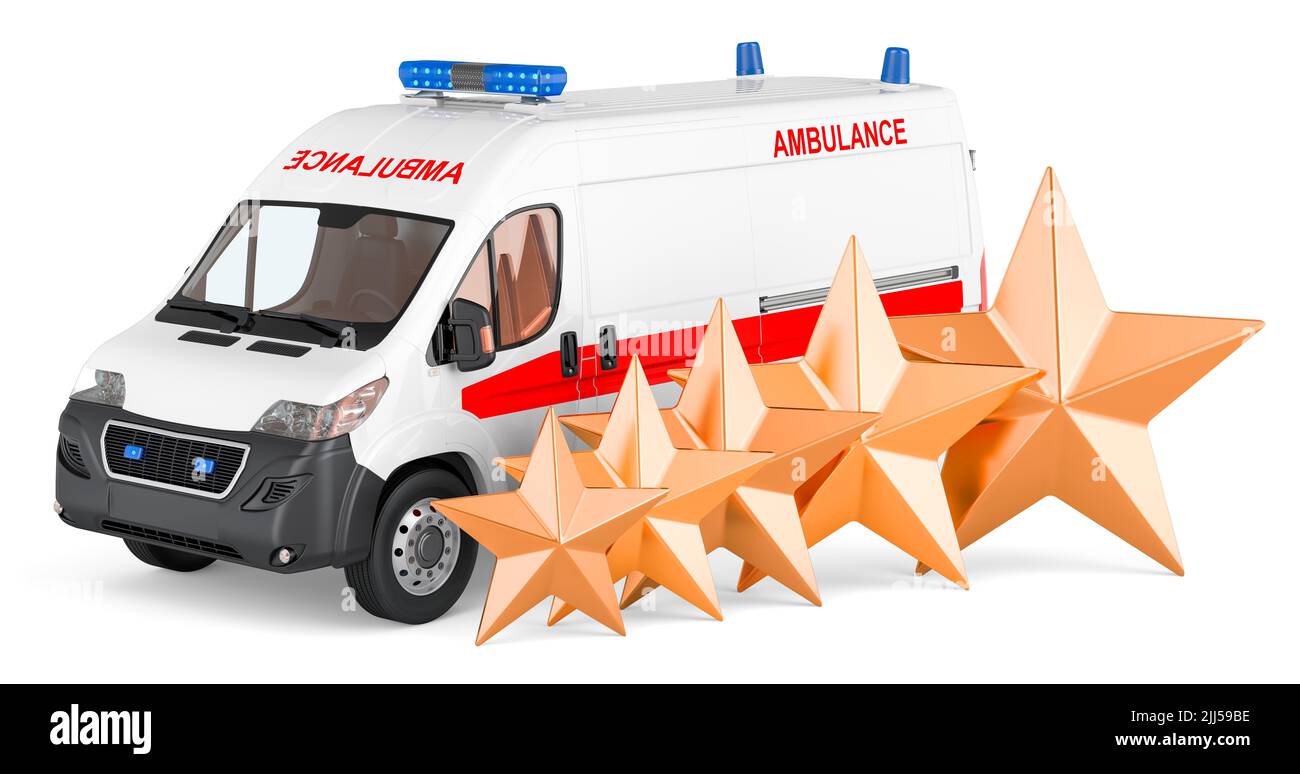 Ambulance van with five golden stars. 3D rendering isolated on white background Stock Photo