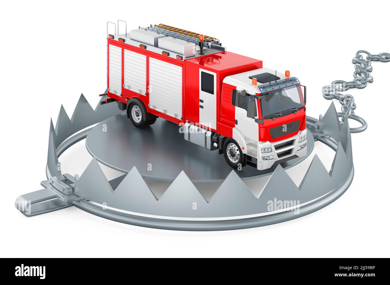 Bear trap with fire engine. 3D rendering isolated on white background Stock Photo