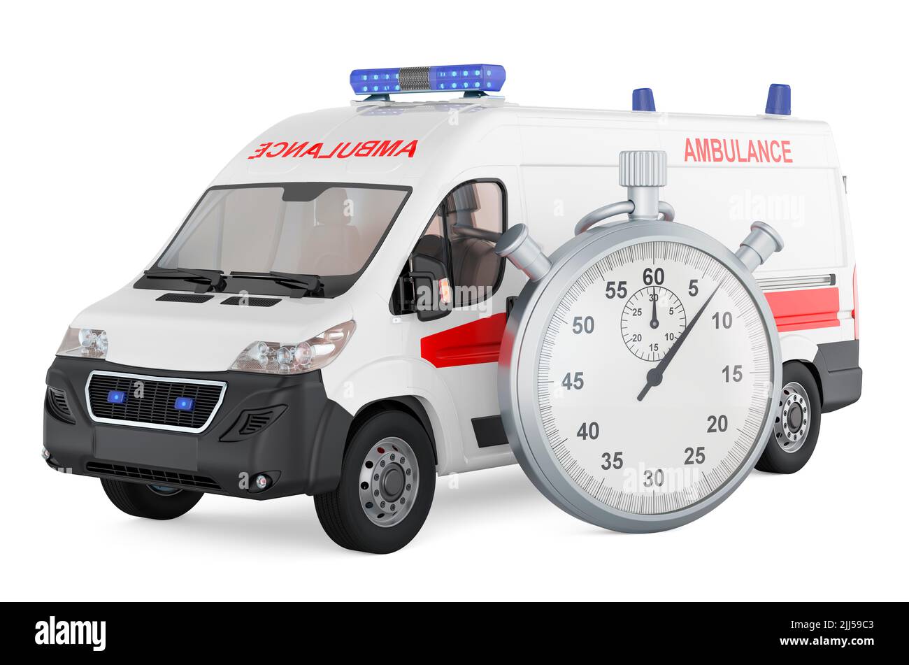Ambulance van with stopwatch. 3D rendering isolated on white background Stock Photo