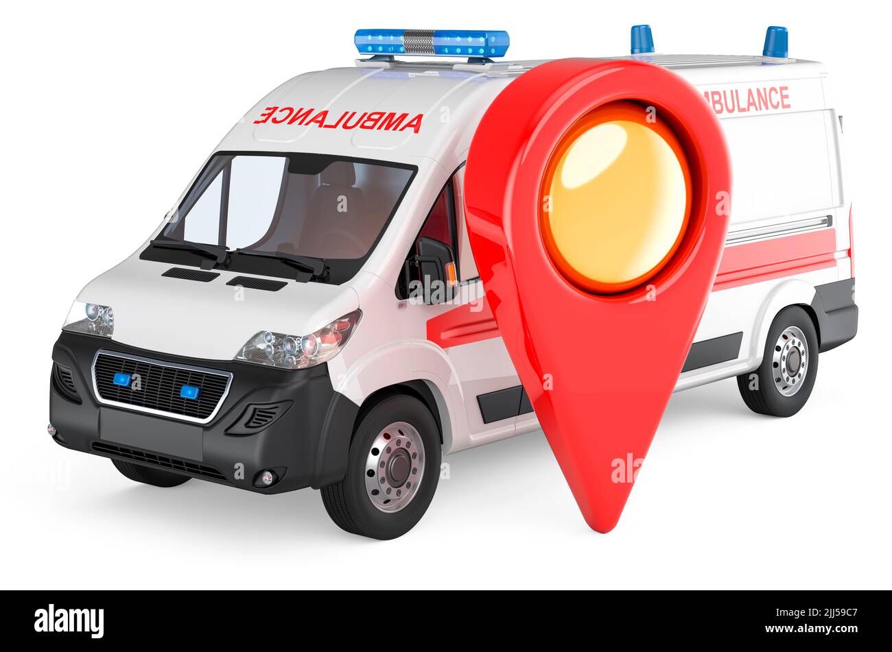 Ambulance van with map pointer. 3D rendering isolated on white background Stock Photo