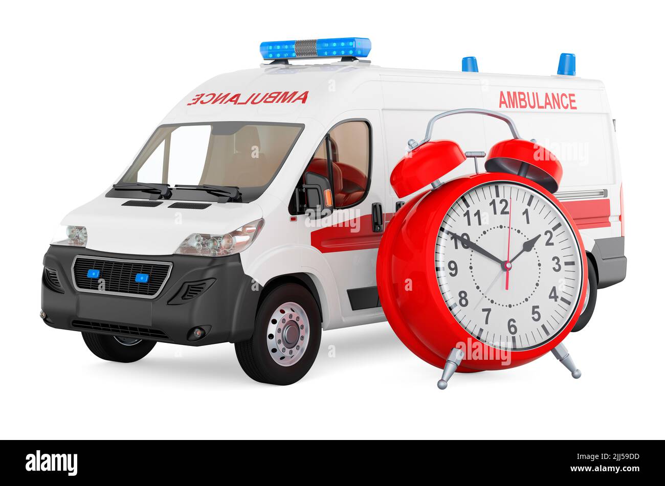 Ambulance van with alarm clock, 3D rendering isolated on white background Stock Photo