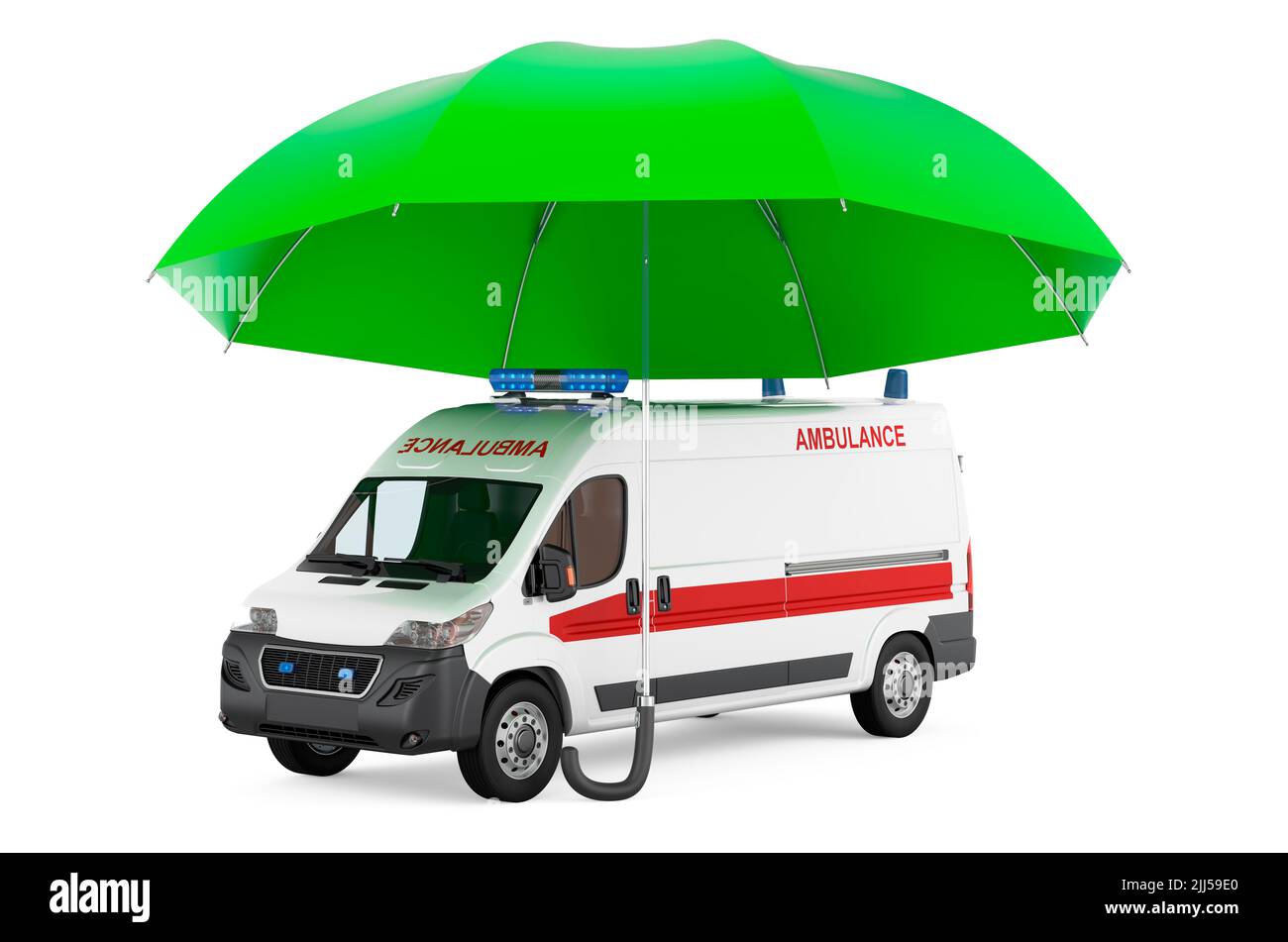Ambulance van under umbrella, 3D rendering isolated on white background Stock Photo