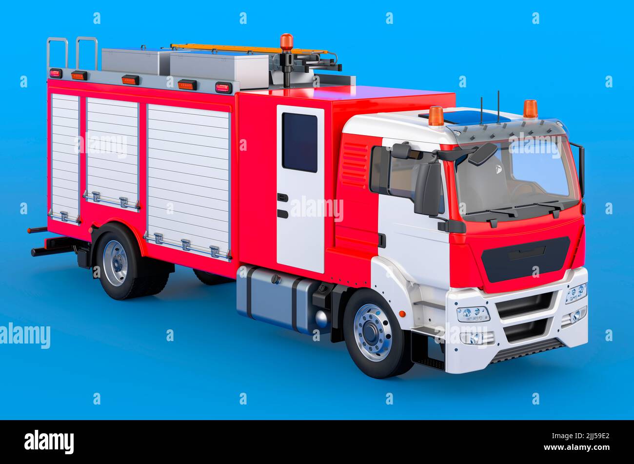 Fire engine truck on blue backdrop, 3D rendering Stock Photo