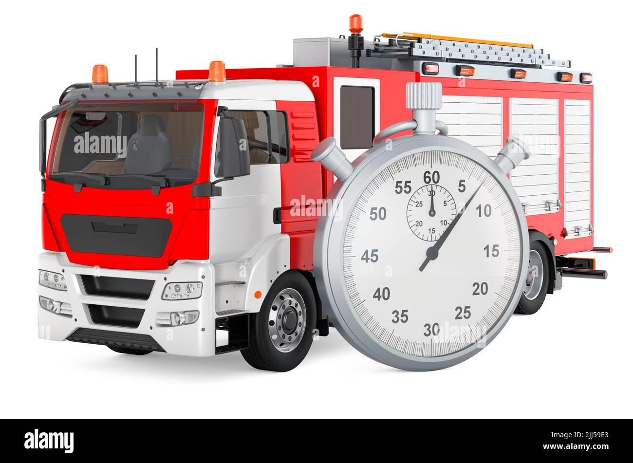 Fire engine with stopwatch. 3D rendering isolated on white background Stock Photo