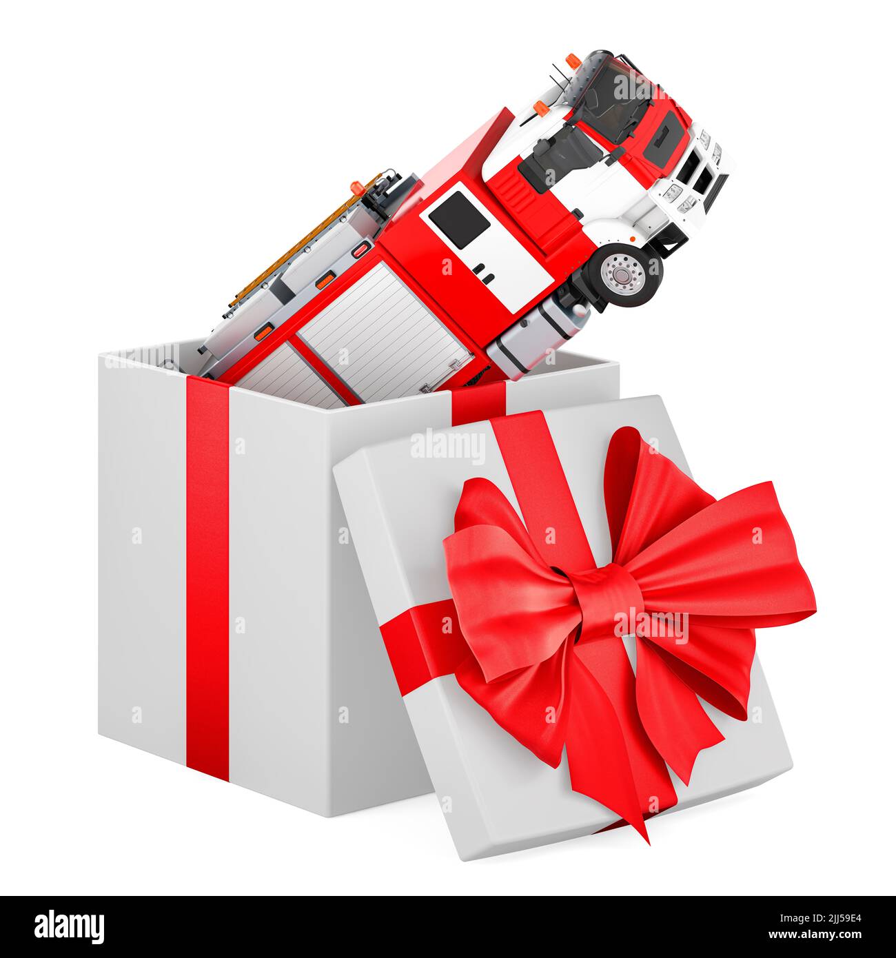 Fire engine inside gift box, present concept. 3D rendering isolated on white background Stock Photo