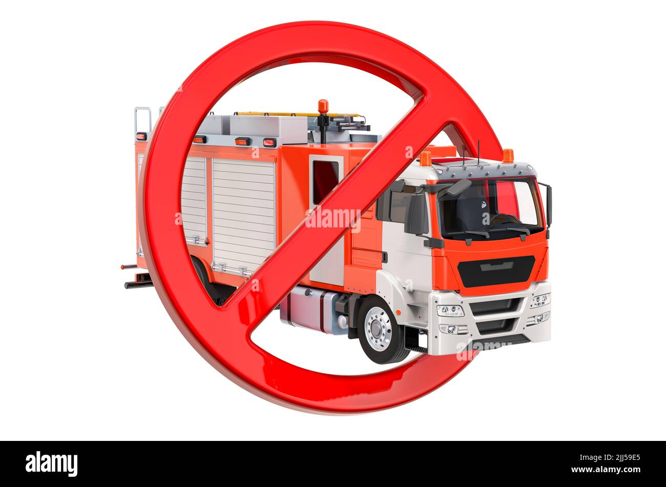 Forbidden sign with fire truck, 3D rendering isolated on white background Stock Photo