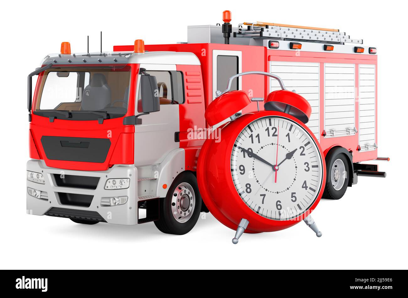 Fire lorry with alarm clock, 3D rendering isolated on white background Stock Photo