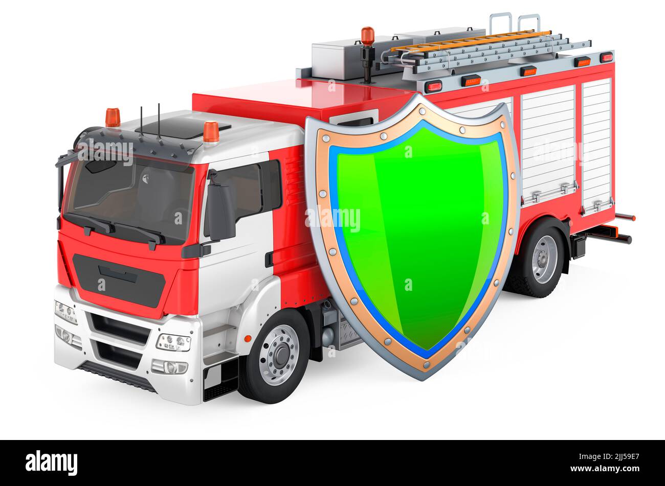 Fire truck with shield. 3D rendering isolated on white background Stock Photo