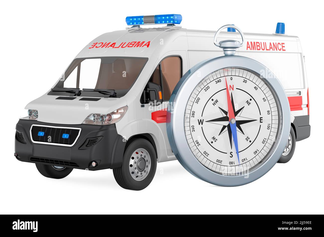 Ambulance van with compass, 3D rendering isolated on white background Stock Photo