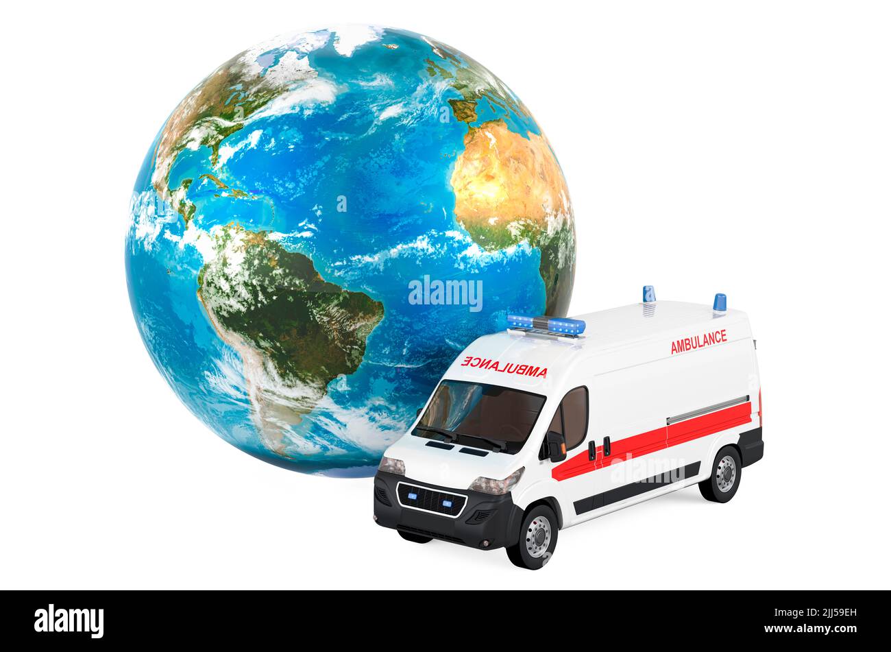 Ambulance van with Earth Globe, 3D rendering isolated on white background Stock Photo