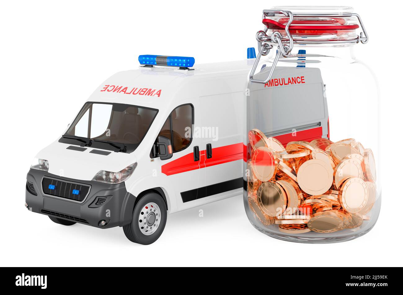 Ambulance van with glass jar full of golden coins, 3D rendering isolated on white background Stock Photo