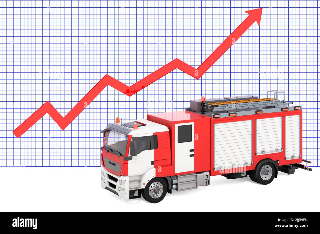 Fire truck with growing chart. 3D rendering isolated on white background Stock Photo